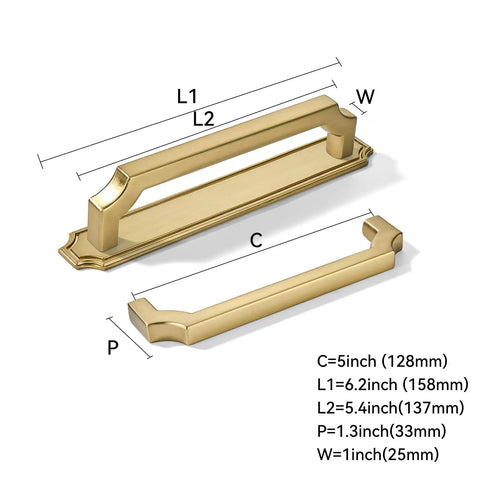 5 Pack 5 Inch Hole Centers Brushed Gold Cabinet Pulls With Backplate Heavy Duty Handles for kitchen cabinets shown with dimensions.