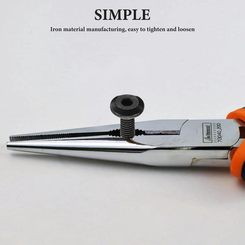 Close-up of pliers holding a bolt from the 20 Piece Black Iron Socket Cap Bolts And Nuts Kit For Furniture And Cabinet Assembly