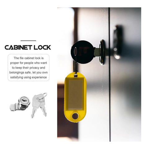 Close-up of electrical panel lock with keys for cabinets, durable stainless steel construction, installed in cabinet keyhole