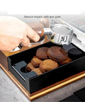 Level Up Your Daily Grind With This Hella Durable Wooden Espresso Tamping Station And Quick Dump Knock Box with cookies.