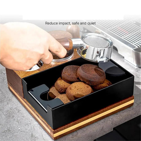 Level Up Your Daily Grind With This Hella Durable Wooden Espresso Tamping Station And Quick Dump Knock Box with cookies.