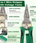 Eight In One Wire Stripper With Voltage Tester For Electricians showing functions and green multitool design