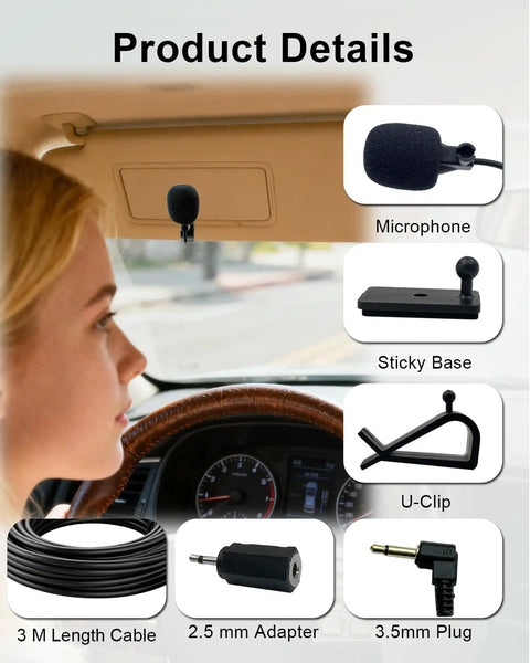 Universal Car Radio Microphone Replacement 3.5mm HD Voice Mic with U-Clip, sticky base, 3m cable, and 2.5mm adapter in car