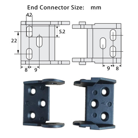 End connectors for Drag Chain Cable Carrier Open Type 39.4 Inch R28 For CNC Router, Mill, And 3D Printer, showing dimensions and design.