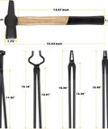Pro Grade Knife Making Tongs Set And Blacksmith Hammer 5 Piece Forge Tools Kit dimensions with various tongs and hammer shown