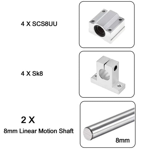 2 Piece 8mm By 300mm Linear Motion Rod Guide Kit With 4 Ball Bearings, 4 Aluminum Rail Supports, And 2 Steel Shafts components image