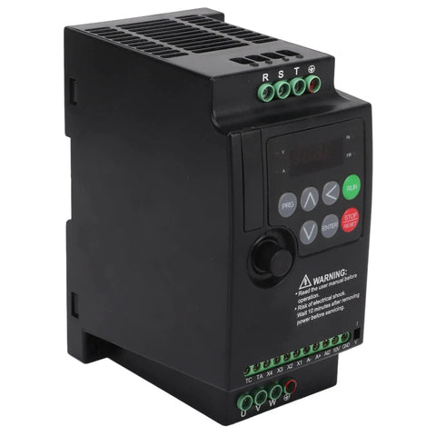 Rock Solid One Point Five KW Variable Frequency Drive For 380 Volt Three Phase Motor With Auto Voltage To Keep Speed Smooth As Butter On Pumps And Lathes Plus Heavy Duty Industrial Build For Tough Shop Grinds And Easy Setup Now, black VFD with display and terminals