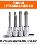 Detail of E Torx socket set showing four star sockets with rail, part of 11 Piece E Torx Socket Set External Star Sockets E4 Through E20 With Rail For Easy Storage Laser Etched Size Markings Heat Treated Chrome Vanadium Beefy Pro Grade Heavy Duty ANSI Performance.