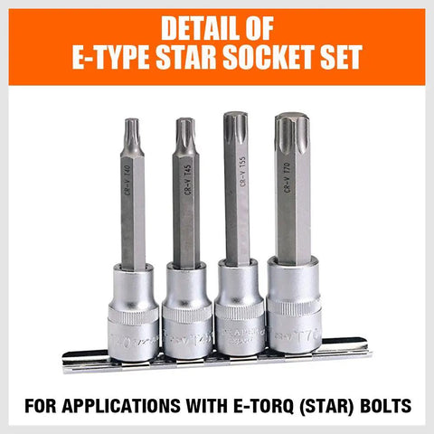 Detail of E Torx socket set showing four star sockets with rail, part of 11 Piece E Torx Socket Set External Star Sockets E4 Through E20 With Rail For Easy Storage Laser Etched Size Markings Heat Treated Chrome Vanadium Beefy Pro Grade Heavy Duty ANSI Performance.