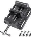 4 Inch Drill Press Vise Beefy Heavy Duty Solid Cast Iron Bench Vise With V Groove Jaws For Precision Drilling In Metalworking And Woodworking Rock Solid Stability Smooth Guide Rails And Easy One Hand Clamp, top view with clamp bolts
