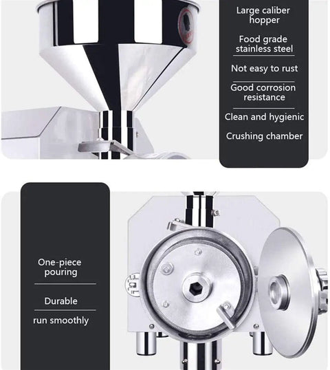 Electric Grain Mill Grinder For Home Use High Speed Kitchen Pulverizer With Vertical Design showing stainless steel hopper and crushing chamber.