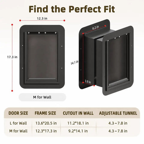 Heavy Duty Medium Wall Mount Dog Door With Triple Flap Insulated Barrier dimensions and size details for perfect fitting.