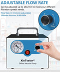 Oil Free Diaphragm Vacuum Pump For Labs Pro Grade Ultra Quiet Operation 15 Liters Per Minute 110 To 220 Volts Dual Pressure Control Portable Filtration Desiccators And Rotary Evaporators with adjustable flow rate knob in use, showing control panel details.