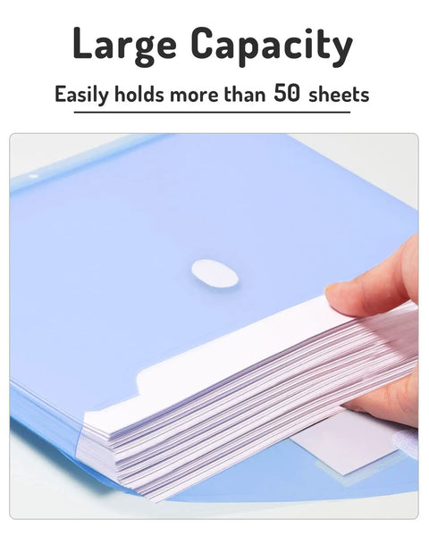 Heavy Duty Binder Pocket Folders 10 Pack With Tight Closure And Side Loading Pockets holding documents, demonstrating large capacity.