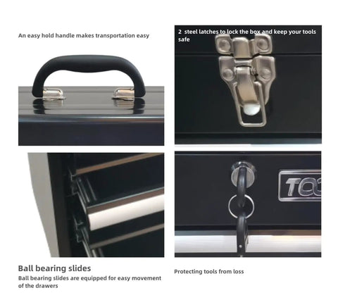 Close-up details of Heavy Duty Metal Tool Box With Four Drawers Portable Steel Chest With Lock And Latch Closure Black And Red Powder Coat