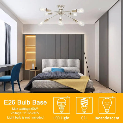 Bedroom showing the Ultra Sleek 8 Light Sputnik Chandelier In Brushed Nickel Semi Flush Mount Ceiling Light For Kitchen Dining Room Bedroom And Hallway Modern Dimmable Ceiling Fixture With E26 Bulbs, highlighting its modern design and illumination over a bed with blue and yellow accents.