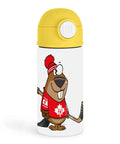 Funny Hockey Lover 12oz Kids Yellow Water Bottle With Silly Canadian Hockey Beaver In Bright Gear, yellow cap, side view
