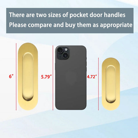 Comparison of Sliding Pocket Door Handles Set 4.72 Inch Recessed Flush Finger Pulls in 304 Stainless Steel with iPhone for scale.