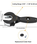 Ratchet Pipe Cutter Tool For Tight Spaces with detachable head, dimensions labeled, ideal for 5/16 to 1-1/8 inch pipes.