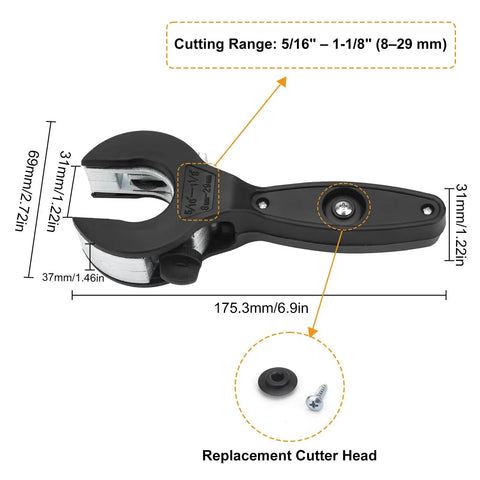 Ratchet Pipe Cutter Tool For Tight Spaces with detachable head, dimensions labeled, ideal for 5/16 to 1-1/8 inch pipes.
