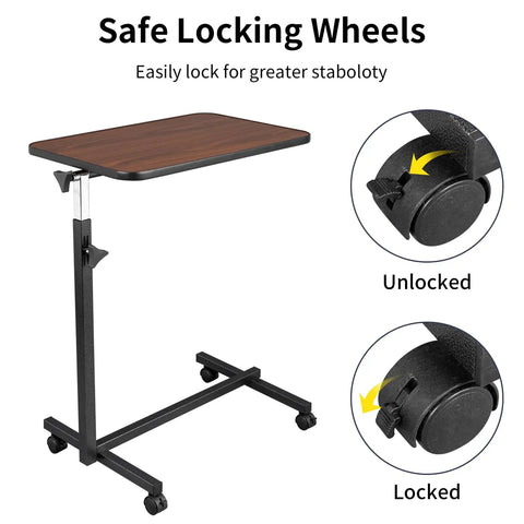 Smooth Rollin Mobile Adjustable Height Portable Computer Desk With Lockable Casters For Top Tier Home Office Standing Laptop Workstation Dark Wood Finish with locking wheels.