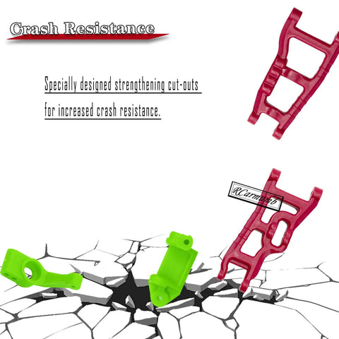 Red RC Car Parts Set For 1/10 Slash 2WD Front and Rear Suspension Arms with crash resistance cut-outs displayed on cracked ground.