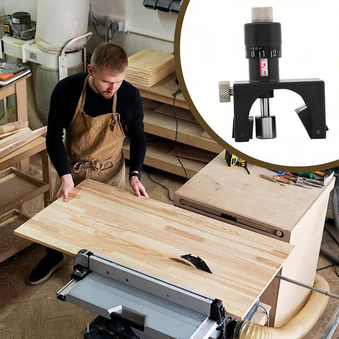 Carpenter using Magnetic Planer Blade Setter And Knife Setting Jig For Precise Depth with Adjustable Vernier in woodworking shop