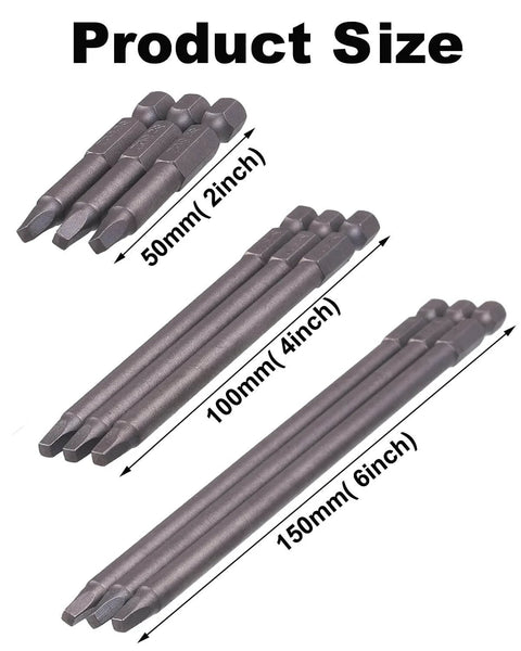 9 Pack One Quarter Inch Hex Shank Long Magnetic Square Head Screwdriver Bits Set with 2, 4, and 6 inch S2 steel bits