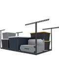 Overhead Garage Storage Rack 72 Inch Long By 36 Inch Wide By 40 Inch High Adjustable Ceiling Mount Heavy Duty Black Shelf Holds Up To 450 Pounds Double Tested Up To 900 Lbs Classic Series loaded with storage bins.
