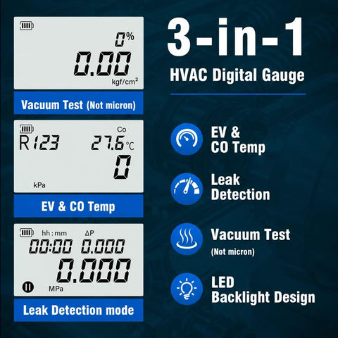 Digital HVAC Manifold Gauge Tool For R454B R134A R410A R1234yf All In One Refrigerant Filling Vacuum Test And Leak Detection Pro Grade Easy Readouts Handy Gauge For Techs And DIY Home AC Repairs, digital display
