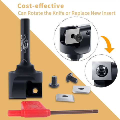 CNC Spoilboard Surfacing Router Bit With One Inch Cutting Diameter And Quarter Inch Shank Carbide Insert Two Wing Planer Bit, tool parts shown.