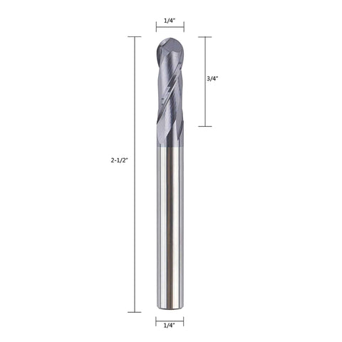 SpeTool ball nose end mill cutter, 1/4 inch shank, 2-1/2 inch overall length, double flute, metallic steel.