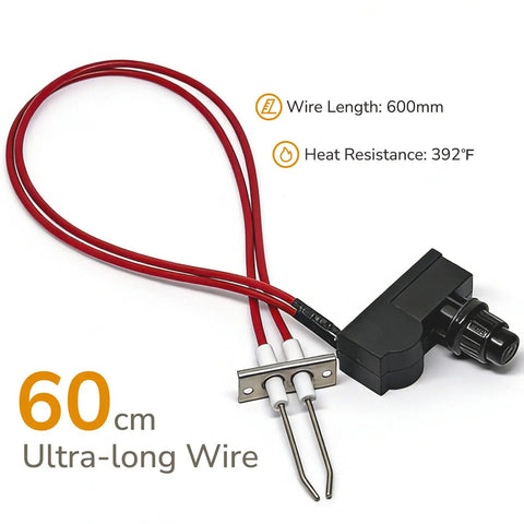 Extra Long 24 Inch Gas Grill Igniter Replacement Spark Generator With Double Electrode, featuring 60cm wire, heat-resistant 392F