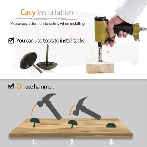 Easy installation of Premium Antique Bronze Upholstery Tacks 200 Piece Assortment Kit with tools or hammer on wood.