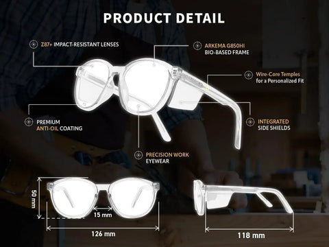 Built Like A Tank Z87 Plus Safety Reading Glasses With Wraparound UV400 Side Shields And Shatterproof Lenses, detailed view with dimensions.