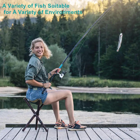 Person fishing with 300Pcs High Carbon Steel Barbed Fishing Hooks With Holes, 10 Sizes, Portable Boxed Hook Set near a lake.