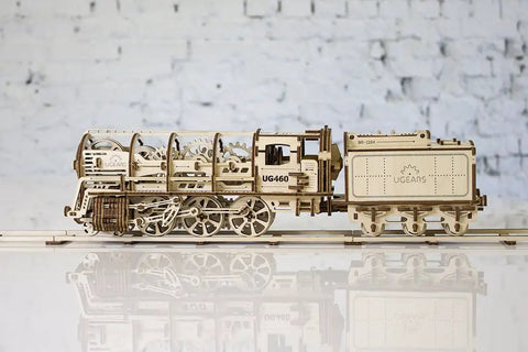 Handcrafted Locomotive With Tender Mechanical 3D Puzzle, Wooden Construction Set For Adults, Realistic Steam Train Build Kit, Perfect Gift For Christmas And Thanksgiving, Great For Craft Lovers. Side view of wooden steam locomotive model with tender