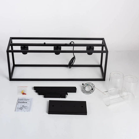 Farmhouse Kitchen Island Pendant Lighting Fixture With Clear Glass Shades, black frame and included installation components.