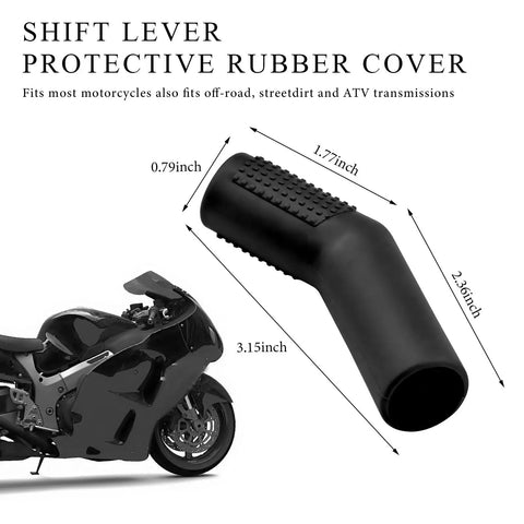 Two Pack Motorcycle Gear Shift Lever Shoe Protector shown with dimensions and black rubber material for street and dirt bikes.
