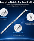 Counterweight Rod For Telescope 12mm By 21cm 8.3in Metal Balance Shaft For Astronomical Mount Built Tough Replacement Quick Install Threaded Tip With End Stopper Fits 80EQ And 80DX with close-up views of threaded end and stopper