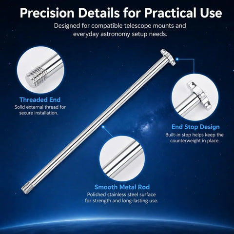 Counterweight Rod For Telescope 12mm By 21cm 8.3in Metal Balance Shaft For Astronomical Mount Built Tough Replacement Quick Install Threaded Tip With End Stopper Fits 80EQ And 80DX with close-up views of threaded end and stopper