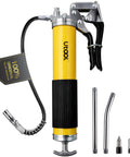 Front view of UTOOL grease gun kit; yellow body, 18in resin hose, two rigid extensions, two couplers, nozzle.