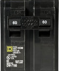 Close-up of Snappy 60 Amp Mini Circuit Breaker Two Pole 120 240V AC With 10KA Trip Rating Direct Plug Mount for home electrical safety.