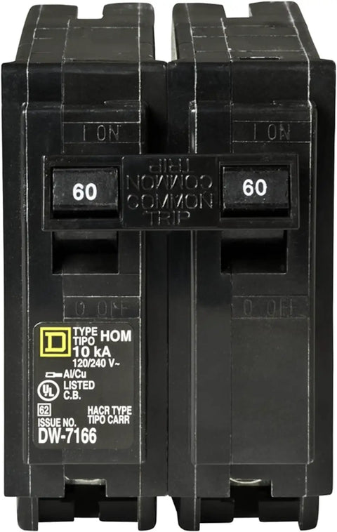 Close-up of Snappy 60 Amp Mini Circuit Breaker Two Pole 120 240V AC With 10KA Trip Rating Direct Plug Mount for home electrical safety.