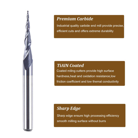 SpeTool 5Pcs tapered ball-nose end mills with 1/8 in shank and 0.25 mm radius tips