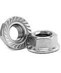 Close-up of Three Eighths Inch Serrated Flange Hex Lock Nuts Hundred Pack in 304 Stainless Steel 18 8 with bright finish.