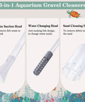 3-in-1 Aquarium Vacuum Gravel Cleaner With Adjustable Siphon For Easy Waste Removal Water Change And Sand Washing In One Kit Includes Hand Siphon Hose And Extension Tube For Low Water Level Maintenance, 3 heads