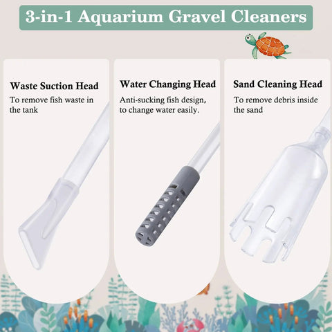 3-in-1 Aquarium Vacuum Gravel Cleaner With Adjustable Siphon For Easy Waste Removal Water Change And Sand Washing In One Kit Includes Hand Siphon Hose And Extension Tube For Low Water Level Maintenance, 3 heads