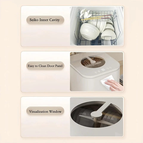 Sleek Countertop Dishwasher With Automatic Sterilization And Snazzy Touchscreen Panel For Tiny Kitchens And Apartments, showing dishes in inner cavity and easy clean panel.