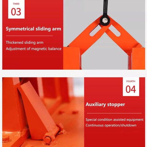 Heavy Duty 1100 Lbs Magnetic Lifter With Rust Proof Alloy Steel Body And High Strength Hooks, showcasing sliding arm and auxiliary stopper.